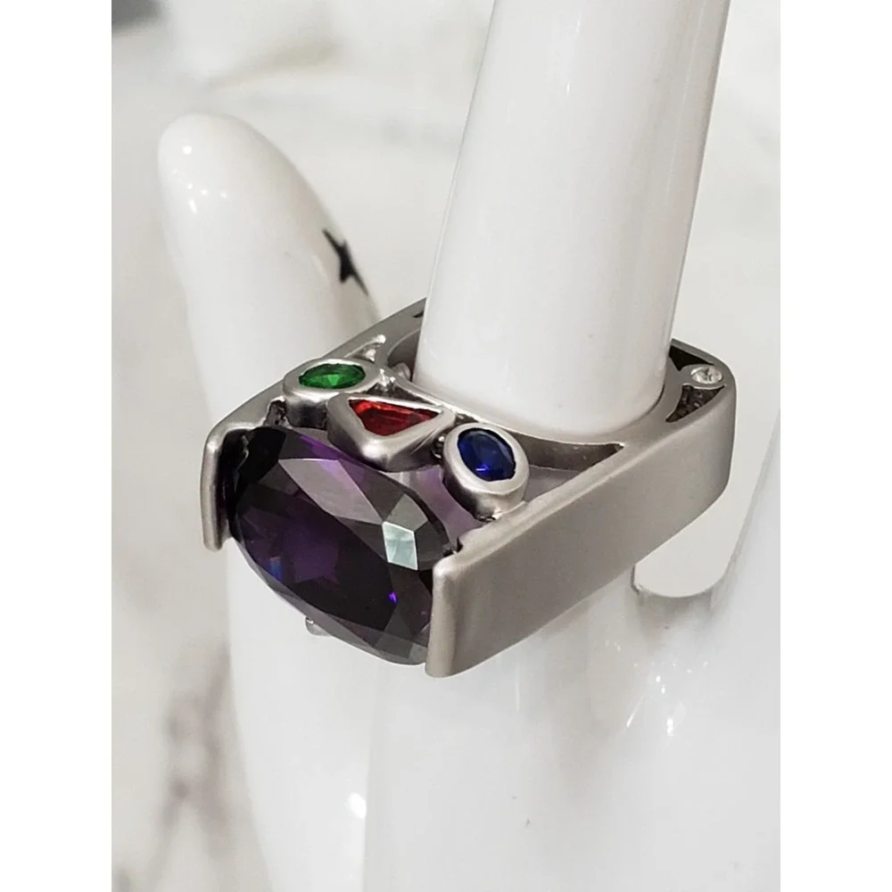 SIZE 5 Cocktail Statement Ring Geometric Art Deco Wearable Art Rainbow Chunky
